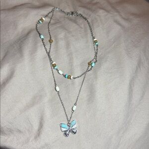 Butterfly Pendant Necklace with Blue and White Beads